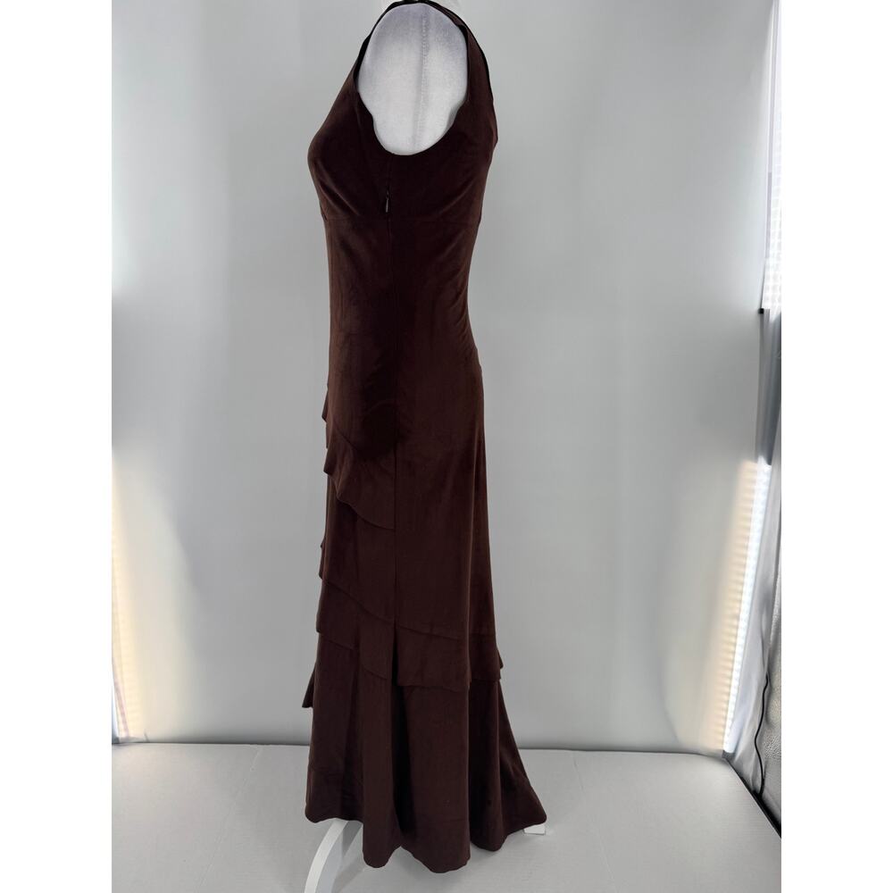Bebe Vintage Y2K Brown Faux Suede Maxi Dress XS Tiered Ruffle Bodycon Made USA - Picture 3 of 10